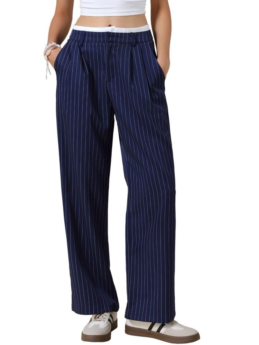 Wild Fable Women's Striped High Waisted Wide Leg Casual Work Long Pants